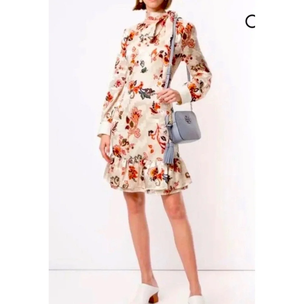 Tory Burch Floral Burnout Silk Blend Ruffle Hem Tie Neck Dress Size 8 Cream Red
